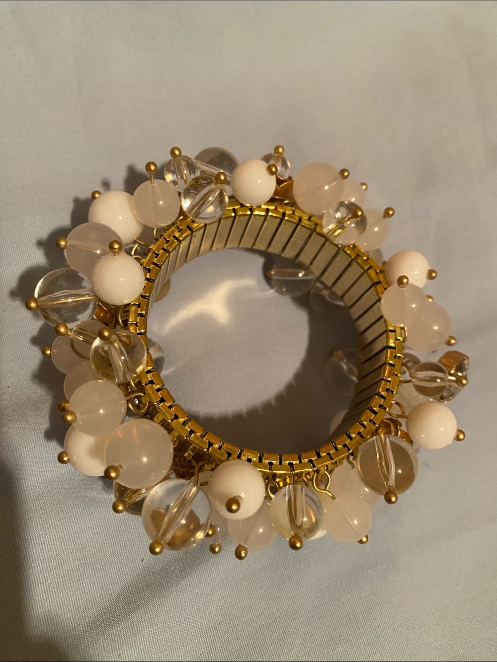 Gold-Tone Stretch Bracelet with Cream and Clear Beads